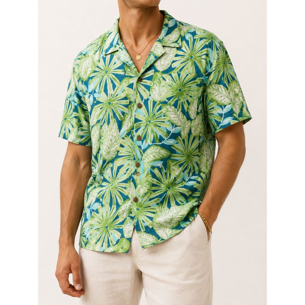 Caribbean 100% Silk Hawaiian Camp Shirt Men's Large Tropical Leaf Aloha Resort